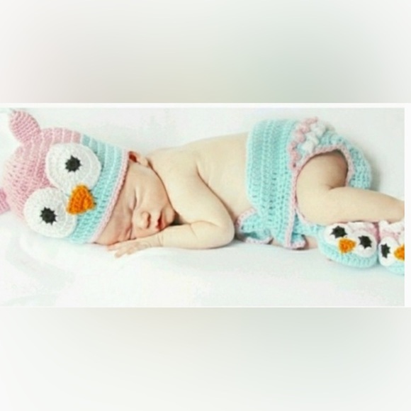 So’Dorable Pink & Blue 3-piece Crochet Owl Set - hat/diaper cover/booties 0-6mo - Picture 15 of 15